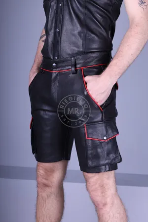 '23 Black Leather Cargo Short - Red Piping