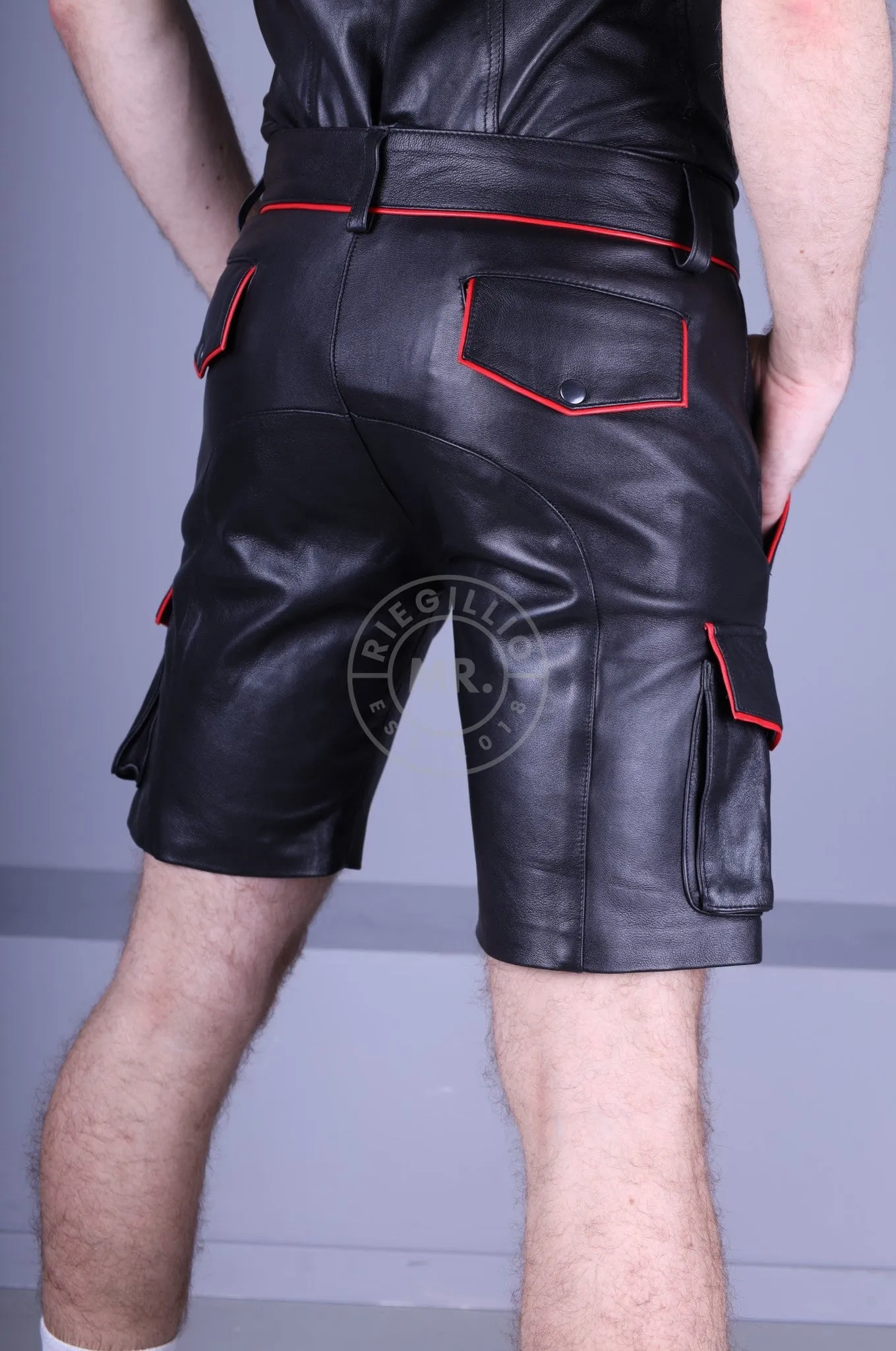 '23 Black Leather Cargo Short - Red Piping