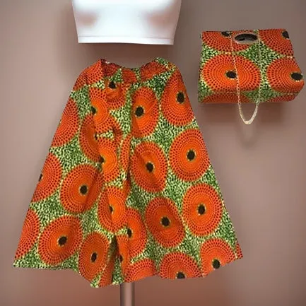African Print Palazzo Pants & Bag Set (Orange Disc Print)