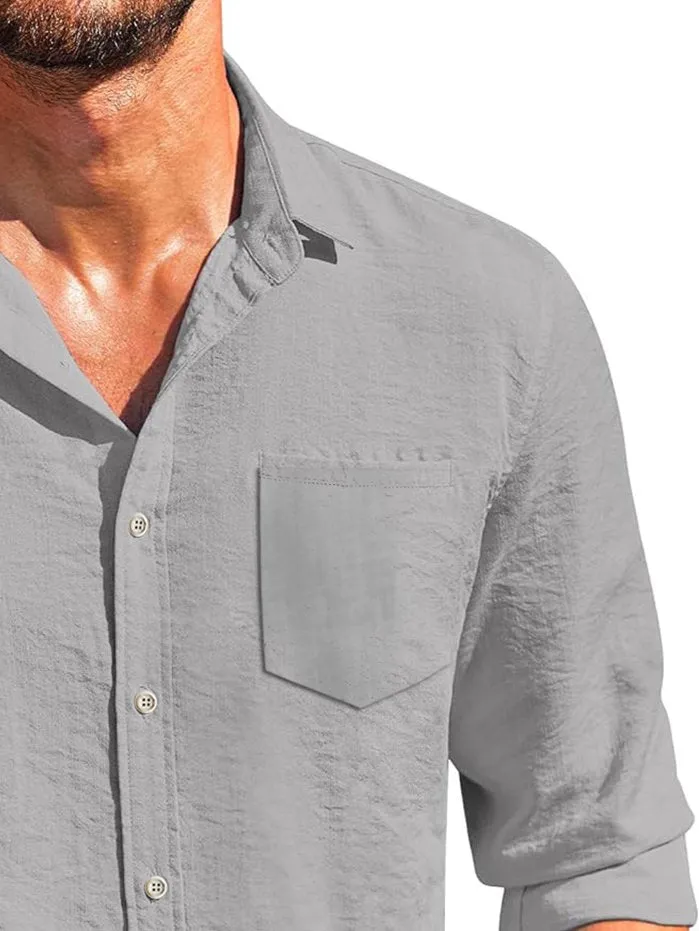 Alohadaddy Basic Men's Solid Color Printed Anti Wrinkle Pocket Button Long Sleeve Shirt Big Tall