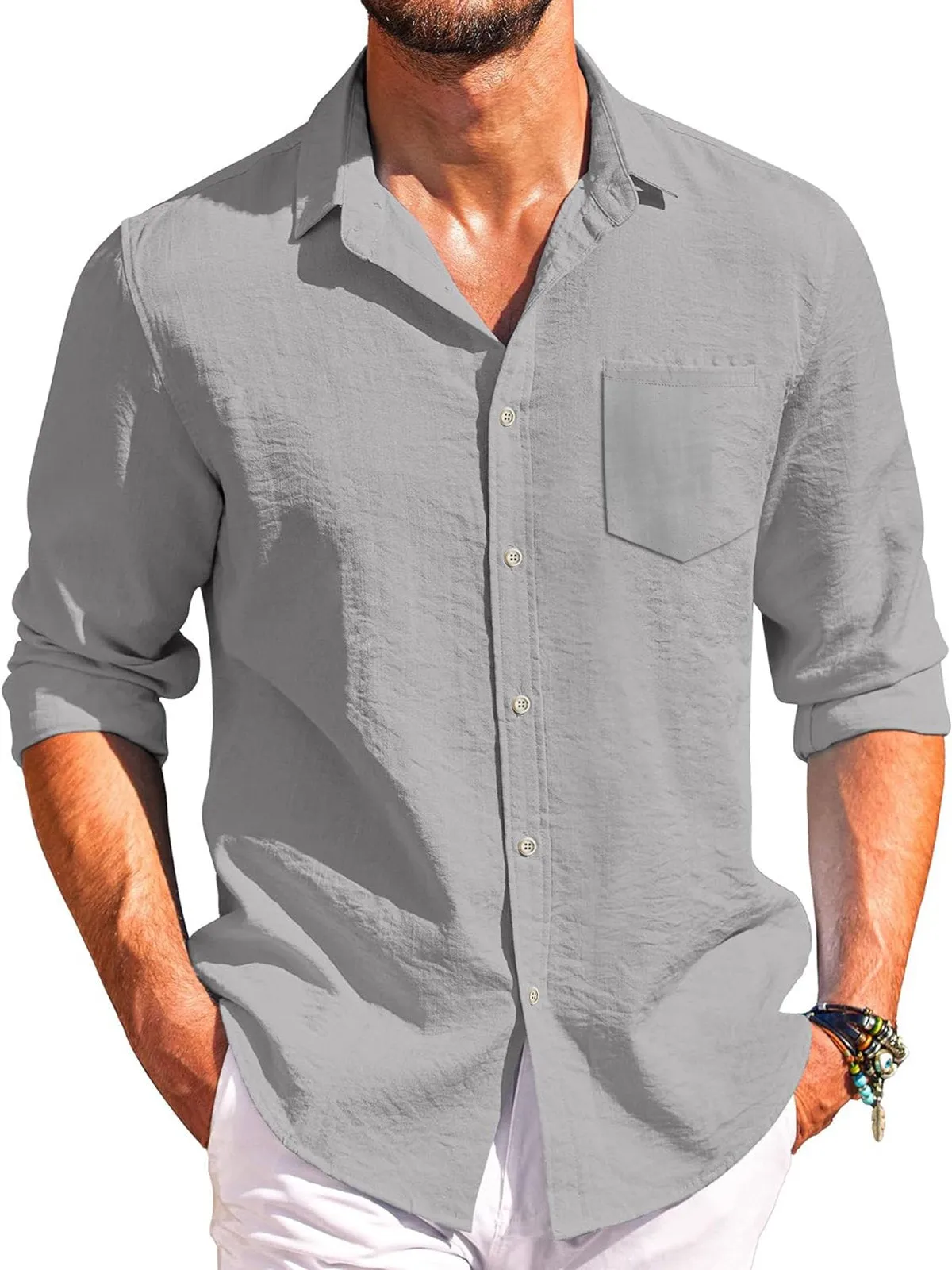 Alohadaddy Basic Men's Solid Color Printed Anti Wrinkle Pocket Button Long Sleeve Shirt Big Tall