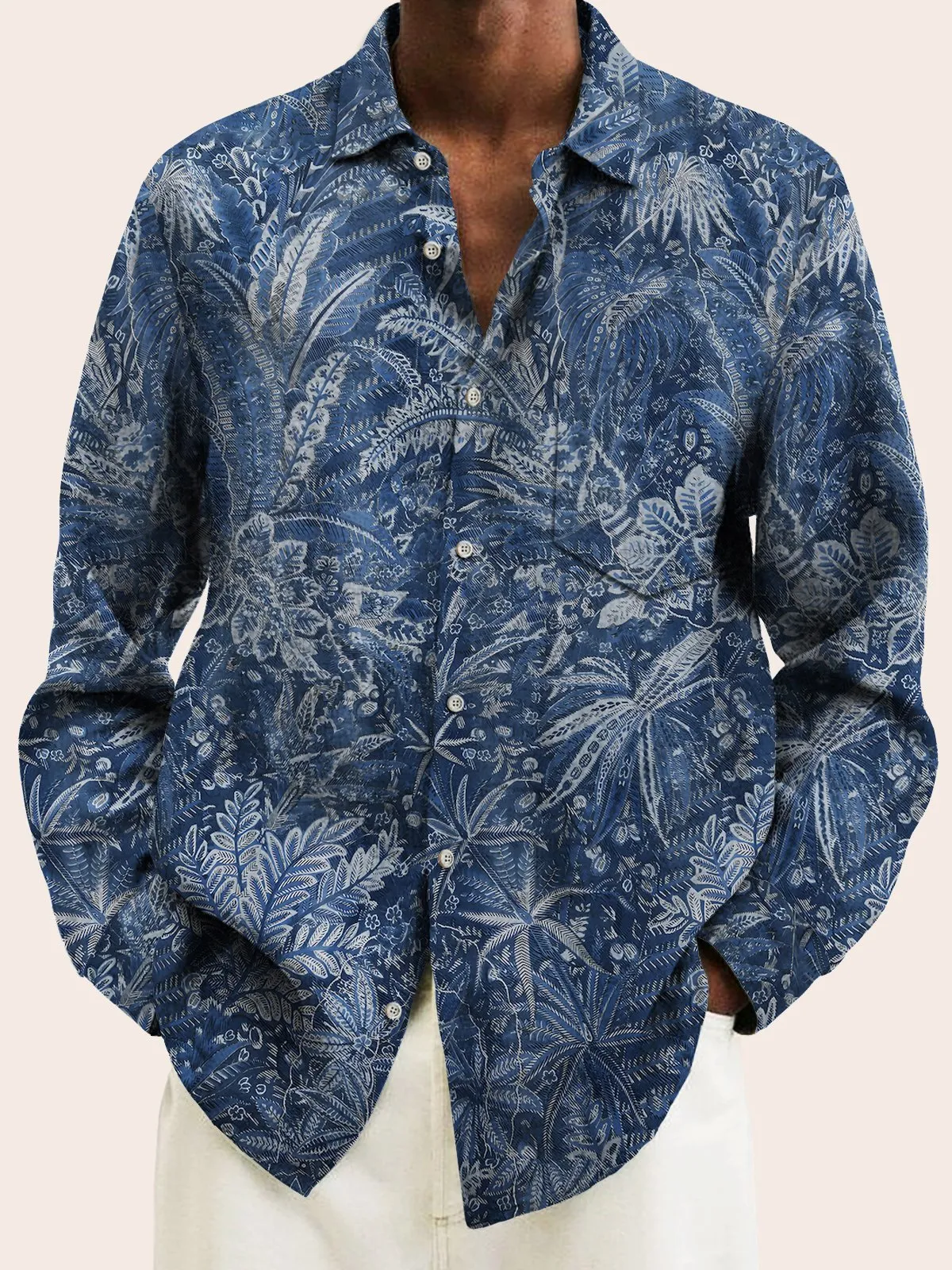 Alohadaddy Beach Holiday Men's Long Sleeve Shirts Floral Art Vintage Aloha Pocket Camp Shirts Big Tall