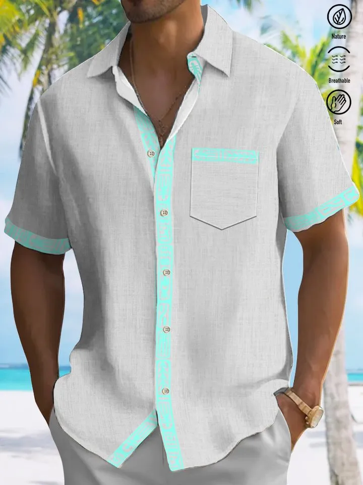 Alohadaddy Geometric Contrast Button Pocket Casual Short Sleeve Shirt