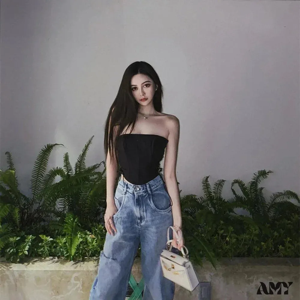 AMY - Off Shoulder Strapless Lace Up Bustier Corset Crop Top