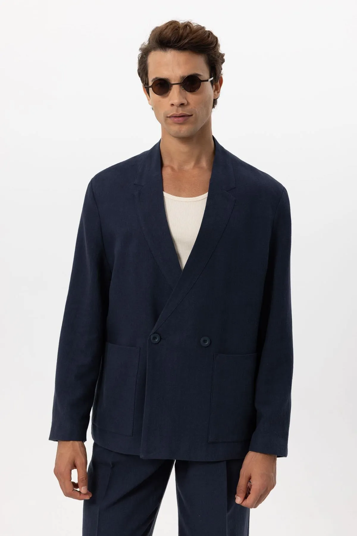 ANT Men's Linen Blend Double-breasted Buttoned Blazer Jacket - College Park