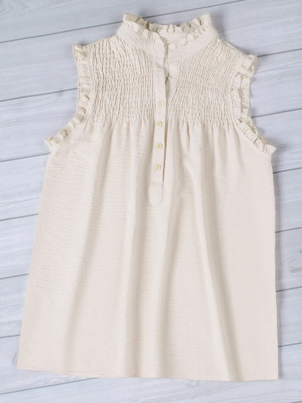 Apricot Frilled Sleeveless Top with Button Front Detail