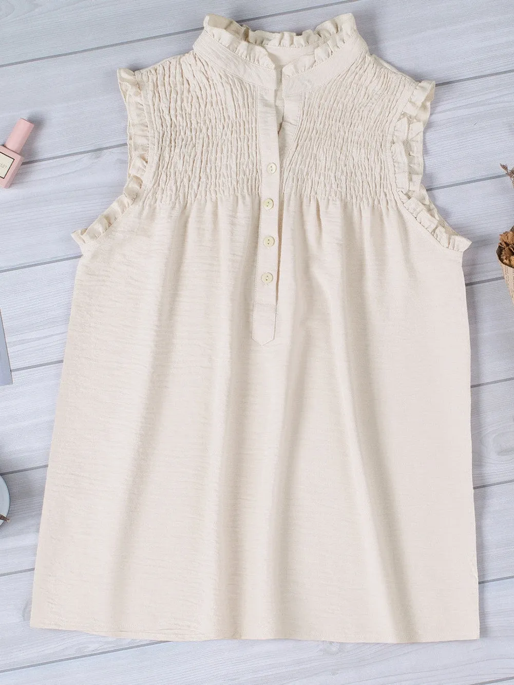 Apricot Frilled Sleeveless Top with Button Front Detail