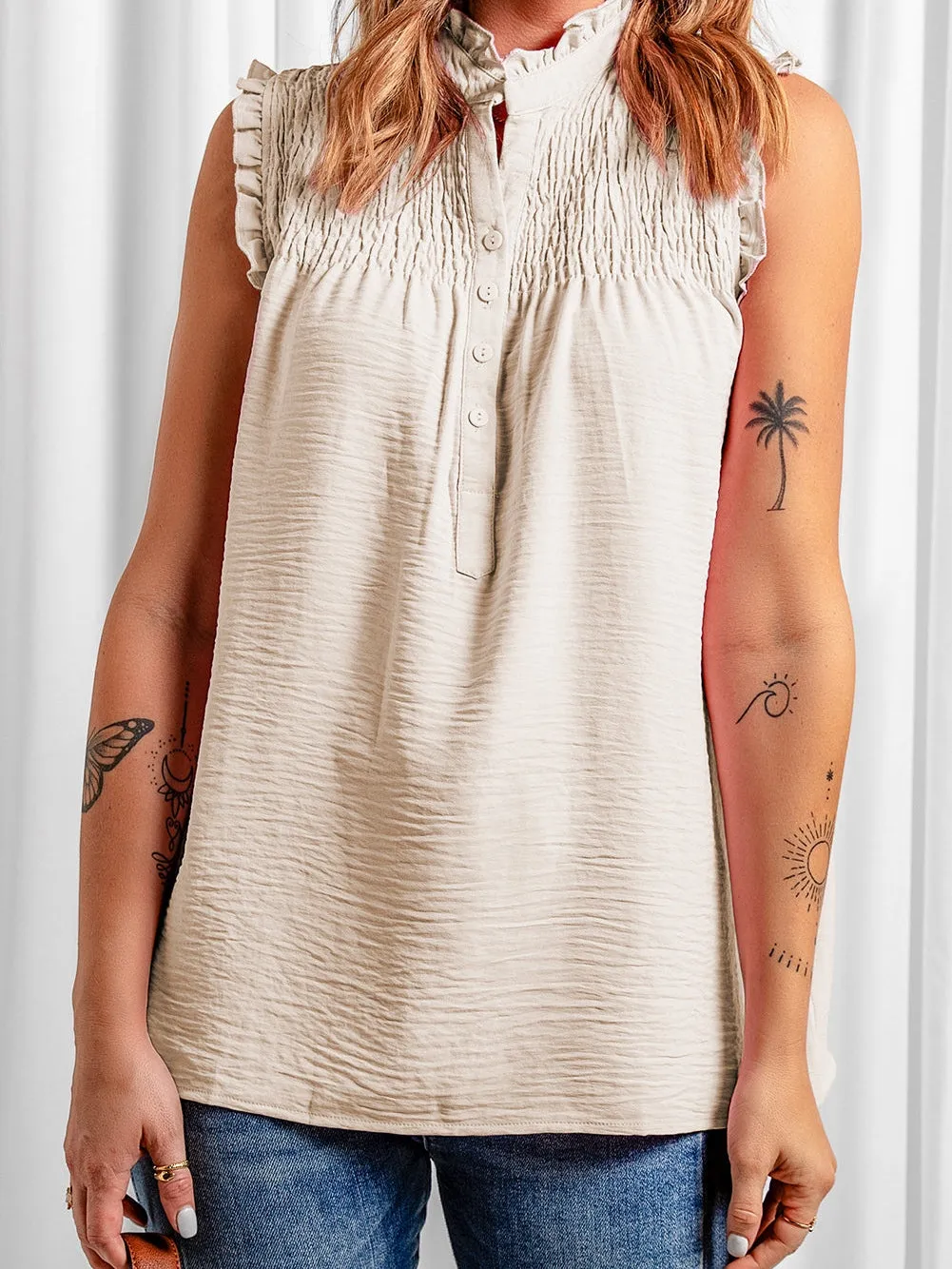 Apricot Frilled Sleeveless Top with Button Front Detail