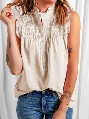 Apricot Frilled Sleeveless Top with Button Front Detail