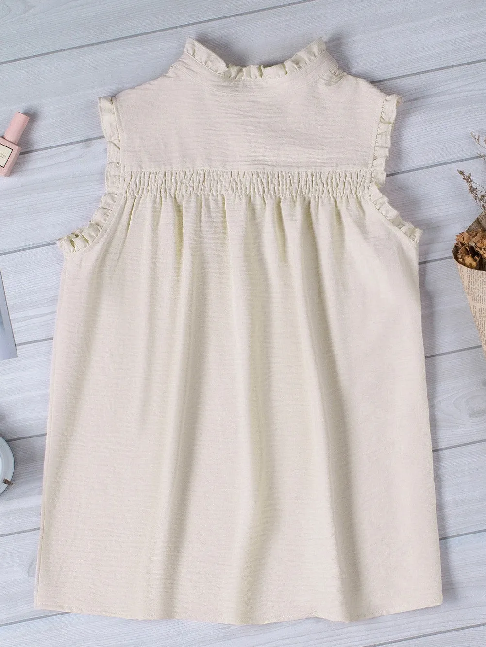 Apricot Frilled Sleeveless Top with Button Front Detail