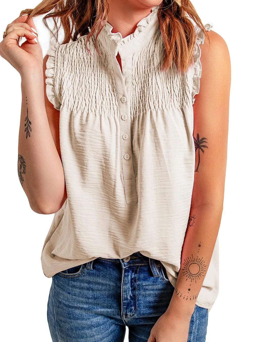 Apricot Frilled Sleeveless Top with Button Front Detail