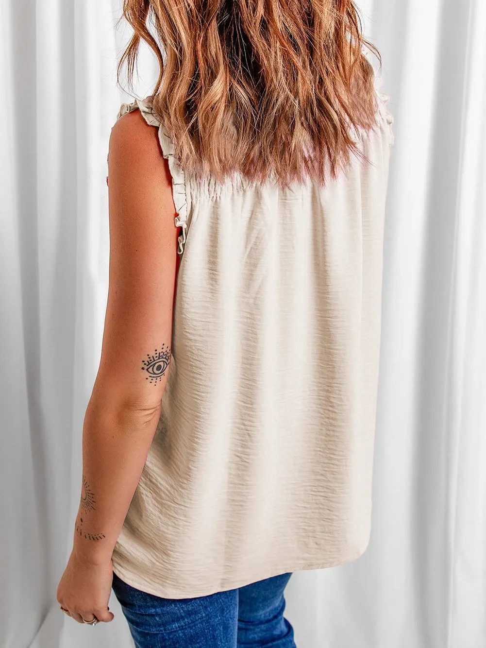 Apricot Frilled Sleeveless Top with Button Front Detail