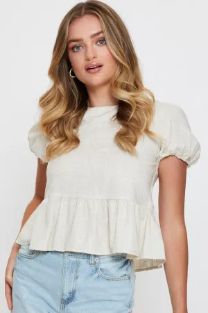 Beige Peplum Shirts Short Sleeve