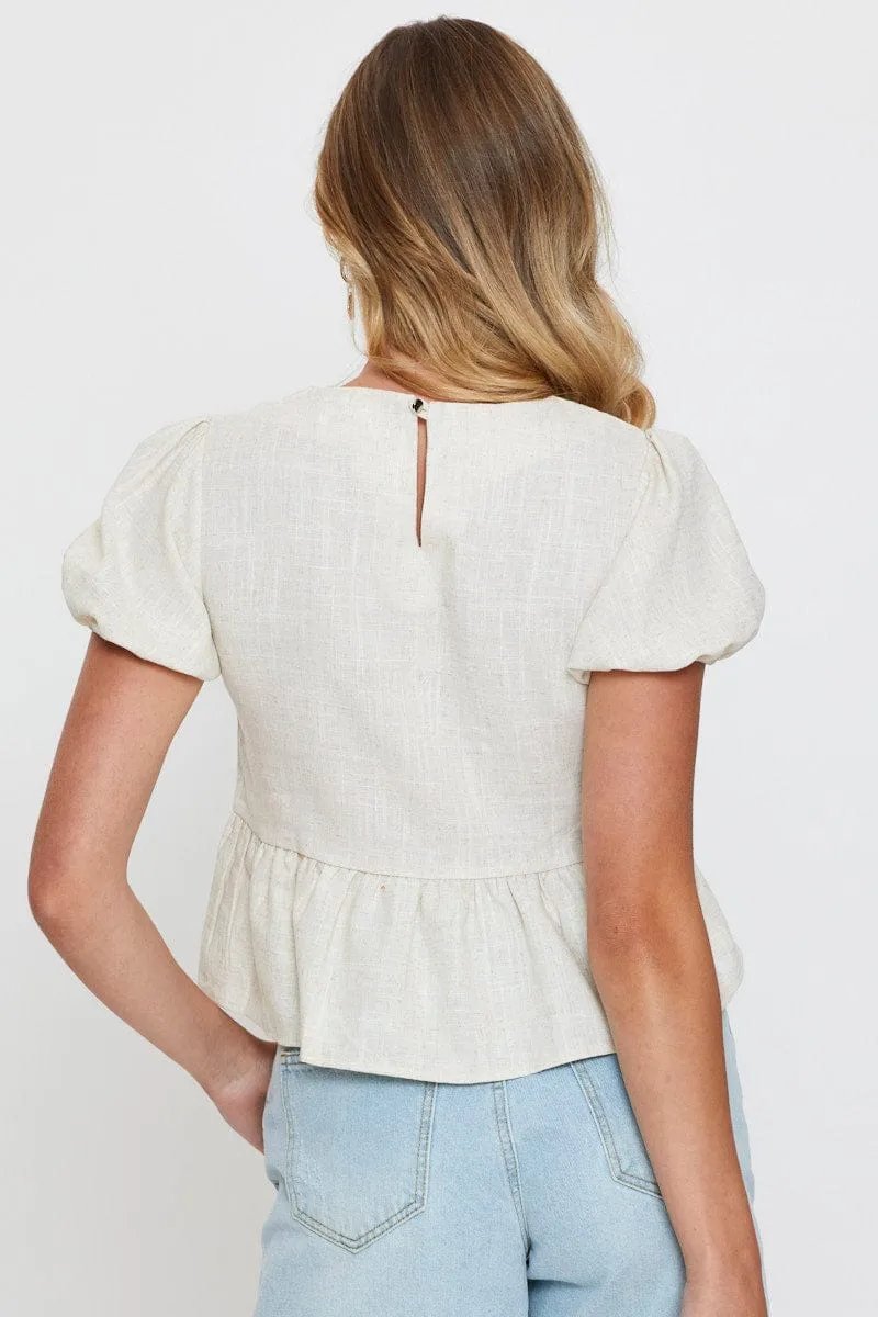 Beige Peplum Shirts Short Sleeve