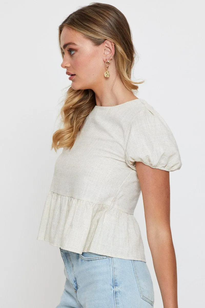 Beige Peplum Shirts Short Sleeve