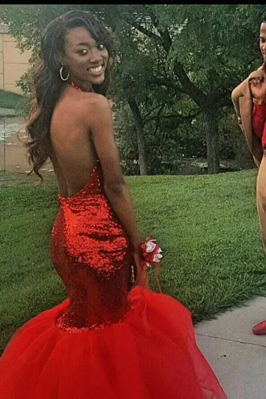 Best Red Mermaid Sleeveless Prom Sequin Long Formal Dress With Sparkles
