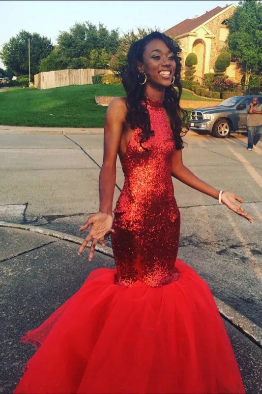 Best Red Mermaid Sleeveless Prom Sequin Long Formal Dress With Sparkles