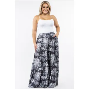 Black and White Jungle Animals Plus Size Palazzo Pants with Pockets
