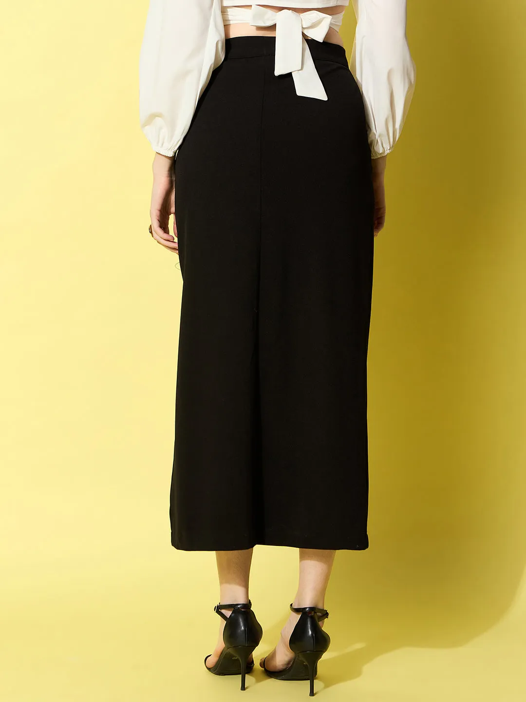 Black Denim Polyester Side Slit Long Maxi Skirt