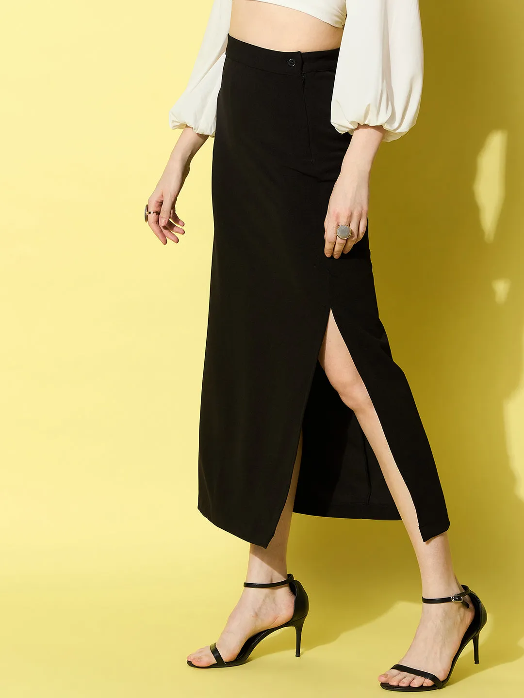 Black Denim Polyester Side Slit Long Maxi Skirt