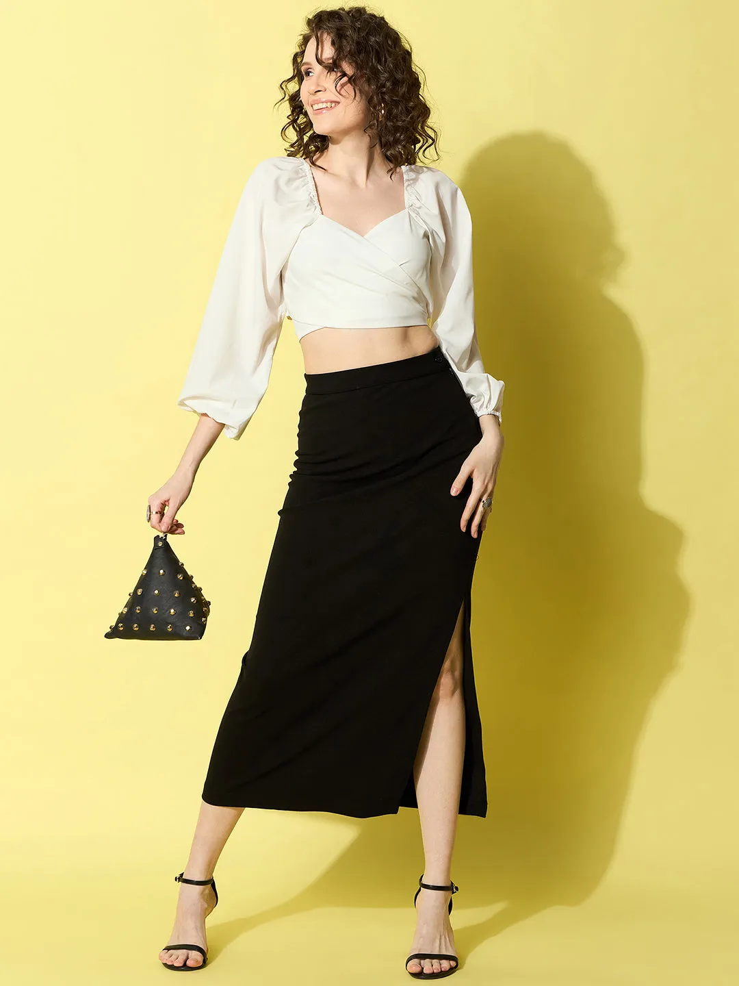 Black Denim Polyester Side Slit Long Maxi Skirt