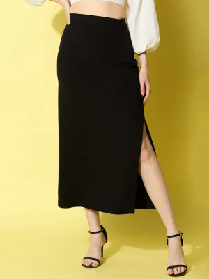 Black Denim Polyester Side Slit Long Maxi Skirt