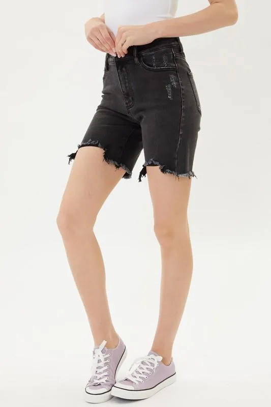 Black Distressed High Rise Bermuda Shorts - KC7168BK