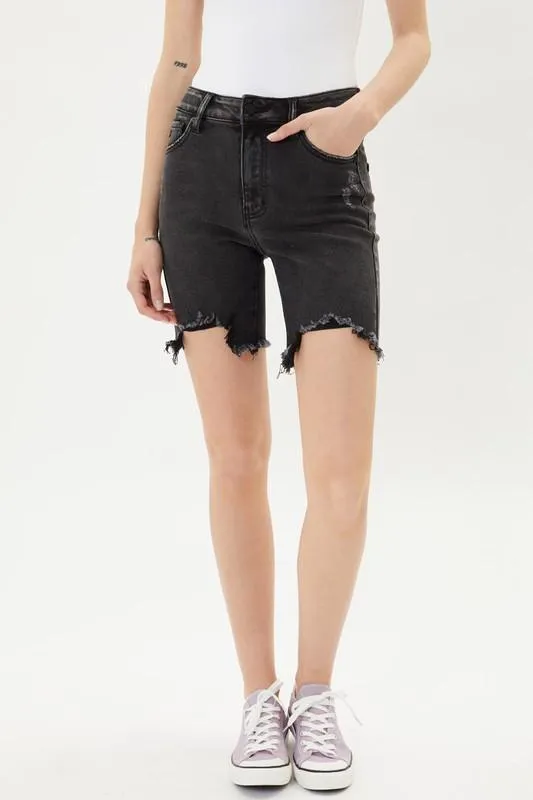 Black Distressed High Rise Bermuda Shorts - KC7168BK