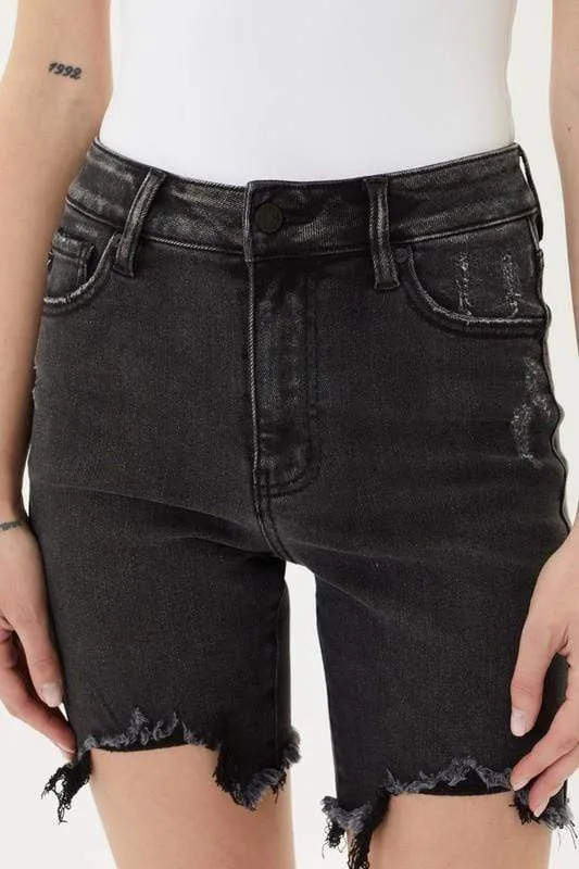 Black Distressed High Rise Bermuda Shorts - KC7168BK