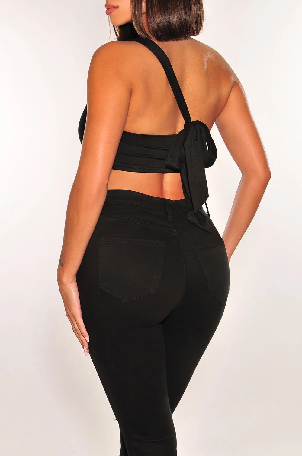 Black Double Lined Multiwear Bandeau Tie Up Crop Top