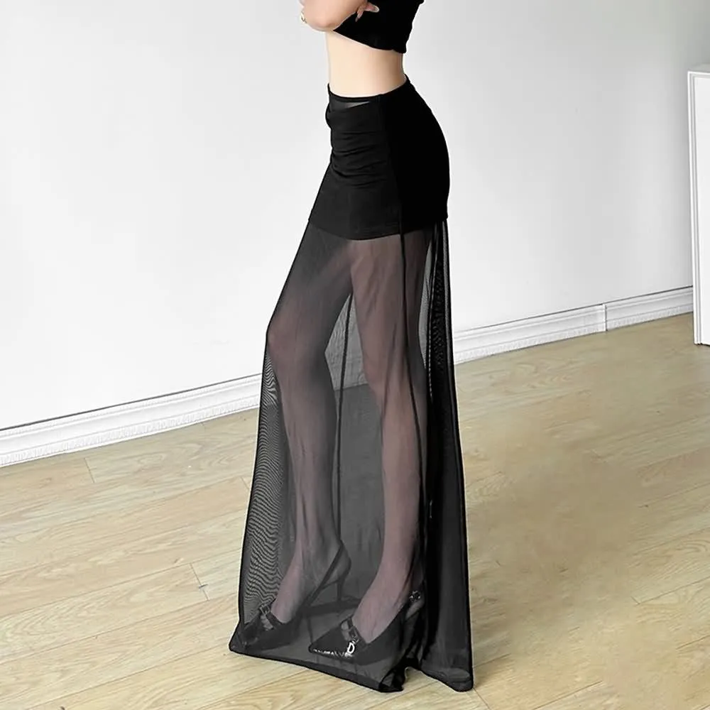 Black Gothic Sheer Mesh Overlay Maxi Skirt