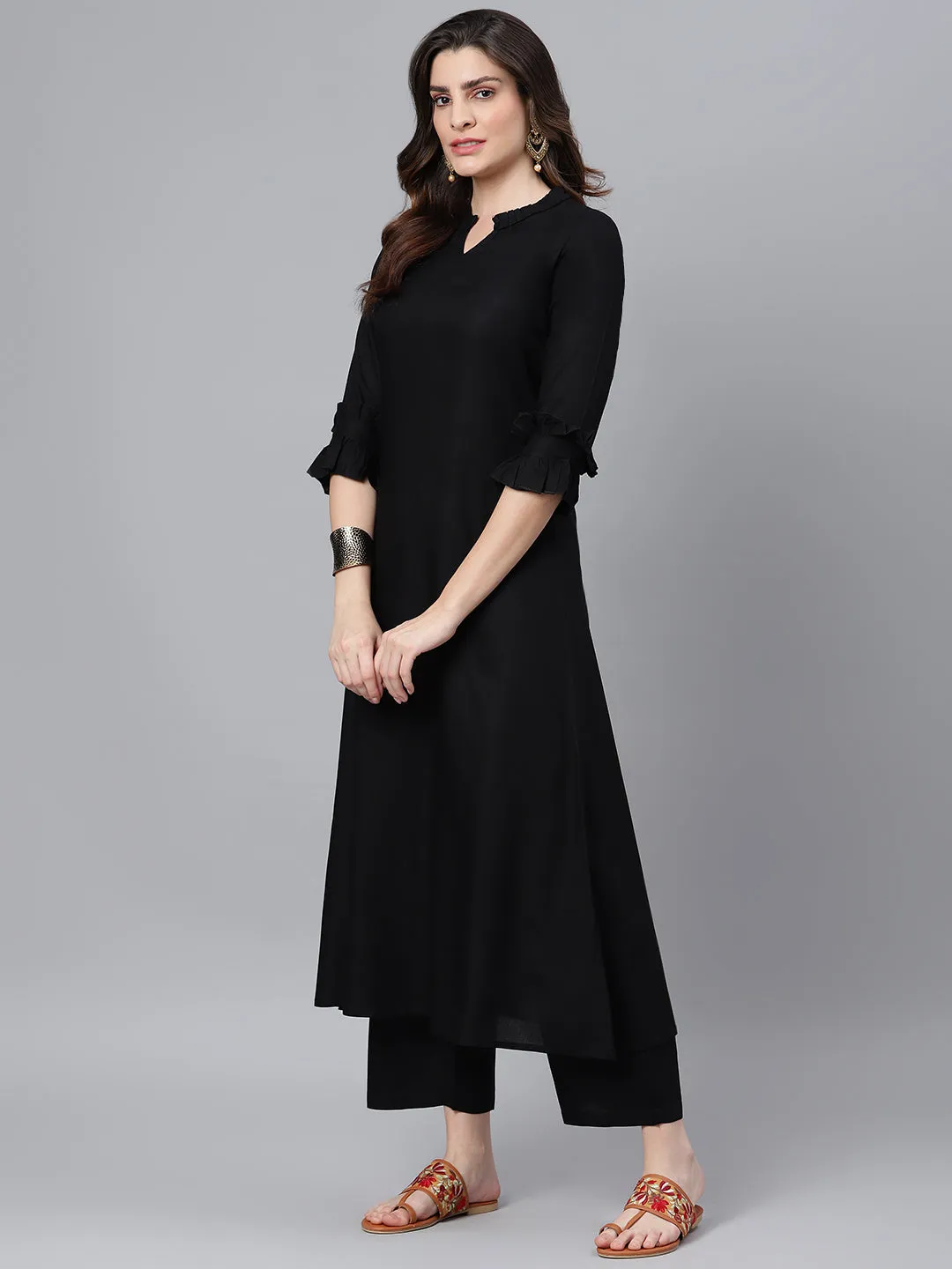 Black Kurta With Palazzo Pants And Printed Dupatta