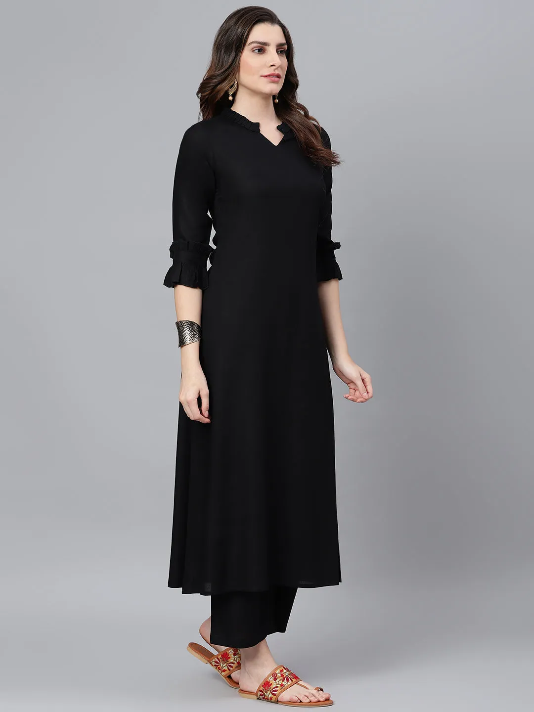 Black Kurta With Palazzo Pants And Printed Dupatta