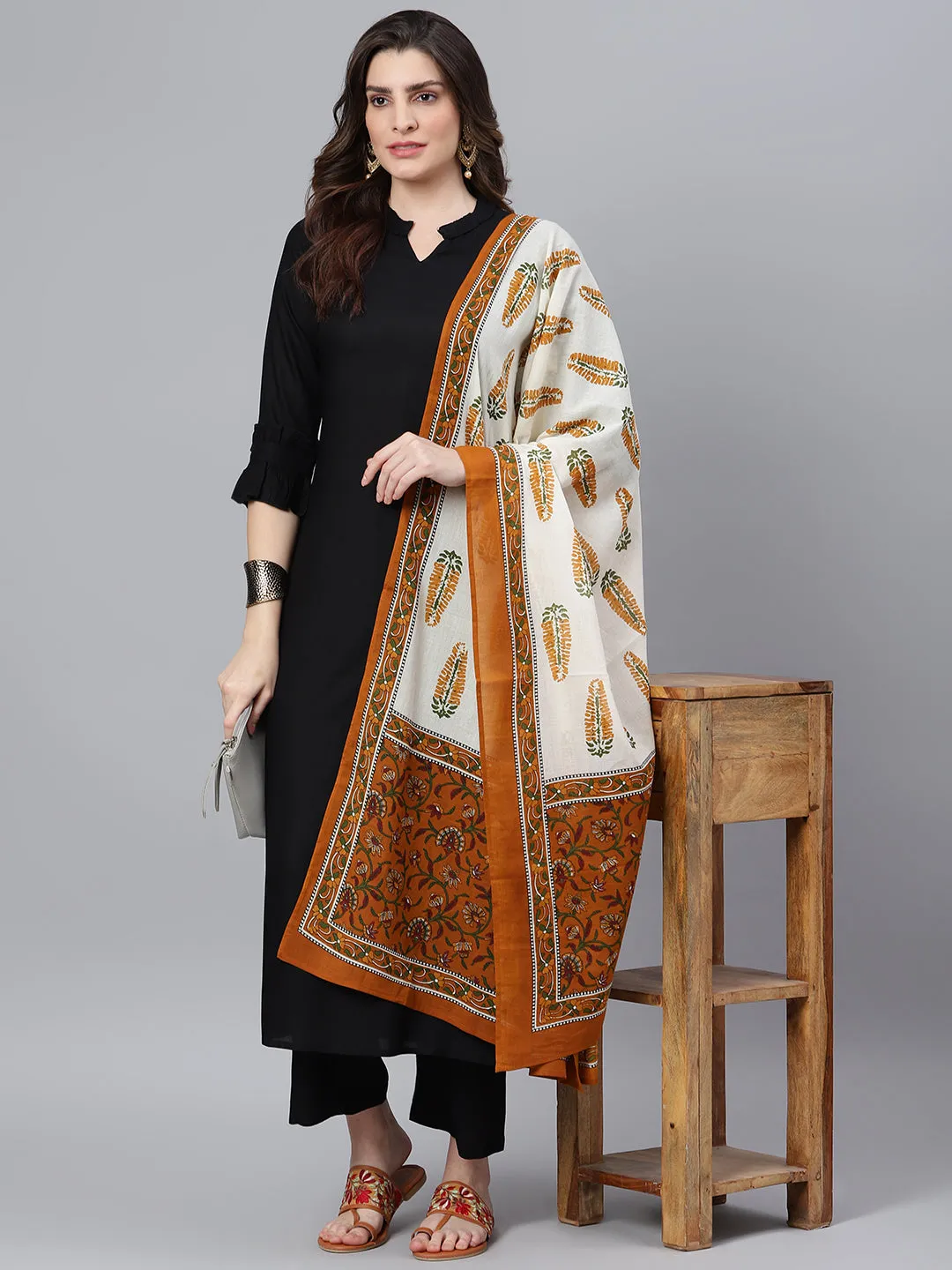 Black Kurta With Palazzo Pants And Printed Dupatta