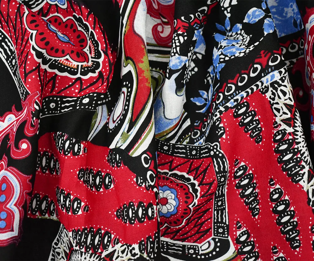 Black-Red-Blue Abstract Tribal Pattern Printed Linen Woven Fabric