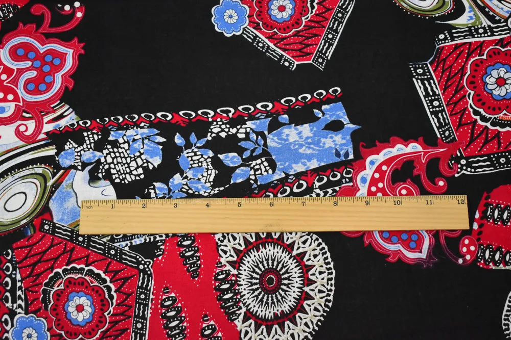 Black-Red-Blue Abstract Tribal Pattern Printed Linen Woven Fabric