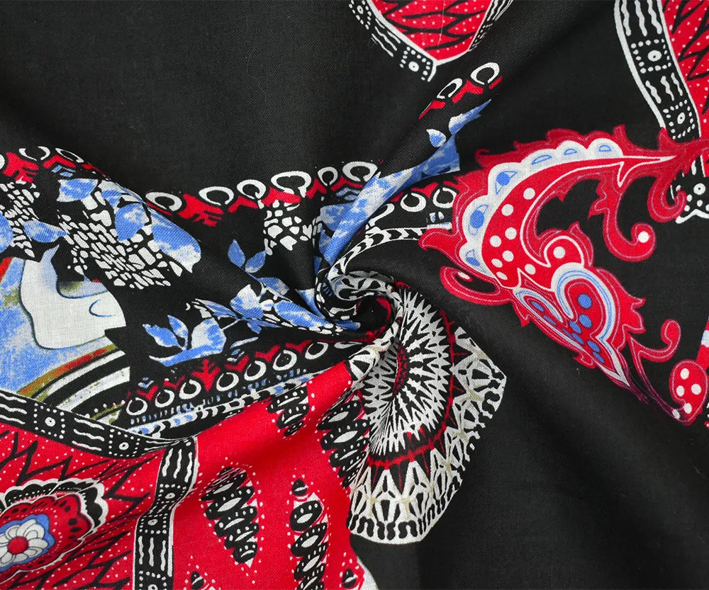 Black-Red-Blue Abstract Tribal Pattern Printed Linen Woven Fabric