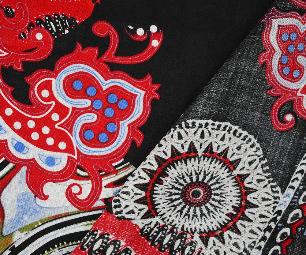 Black-Red-Blue Abstract Tribal Pattern Printed Linen Woven Fabric