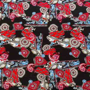 Black-Red-Blue Abstract Tribal Pattern Printed Linen Woven Fabric