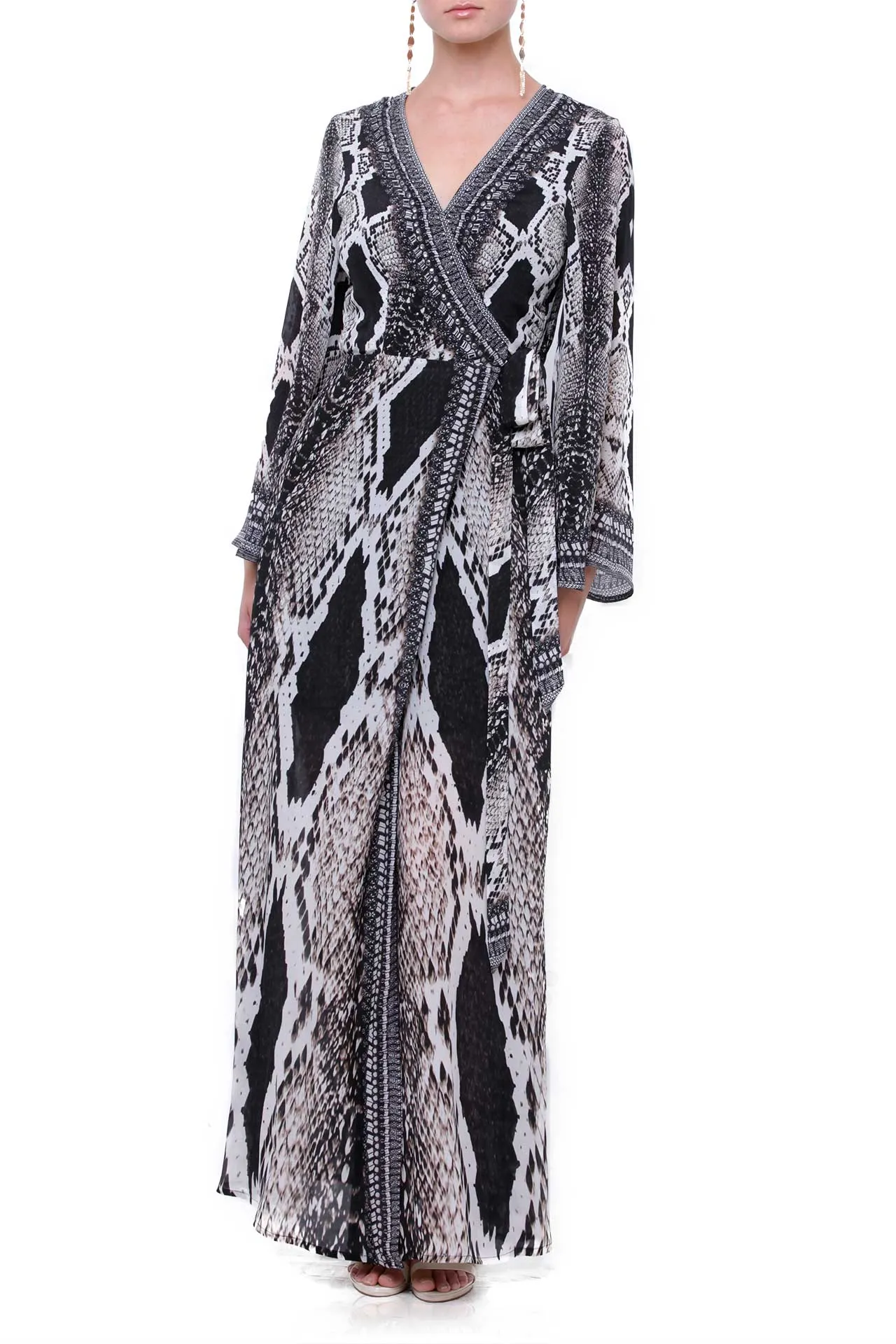 Black Snake Print Wrap Dress Evening
