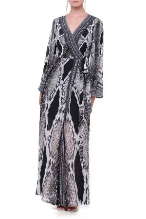 Black Snake Print Wrap Dress Evening