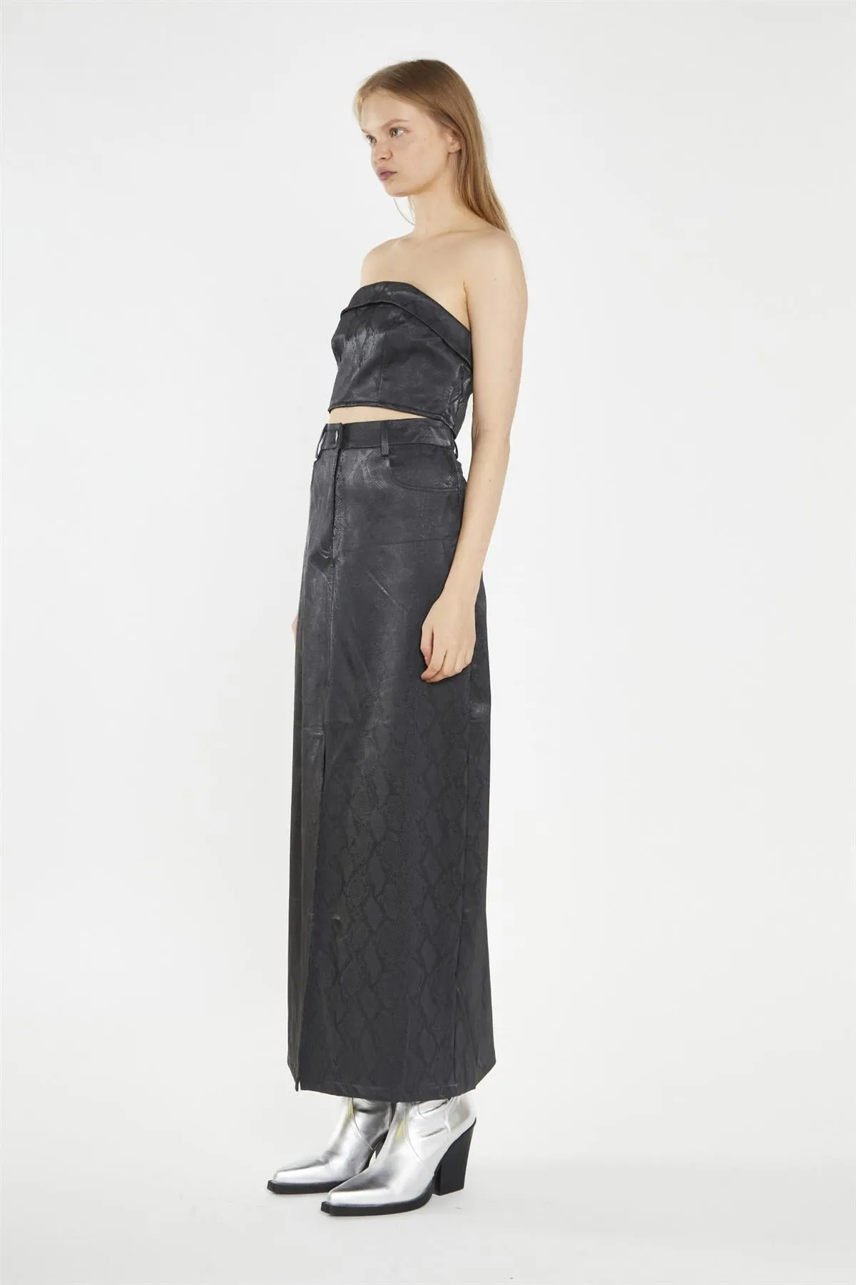 Black-Snake Pu Bandeau Crop-Top