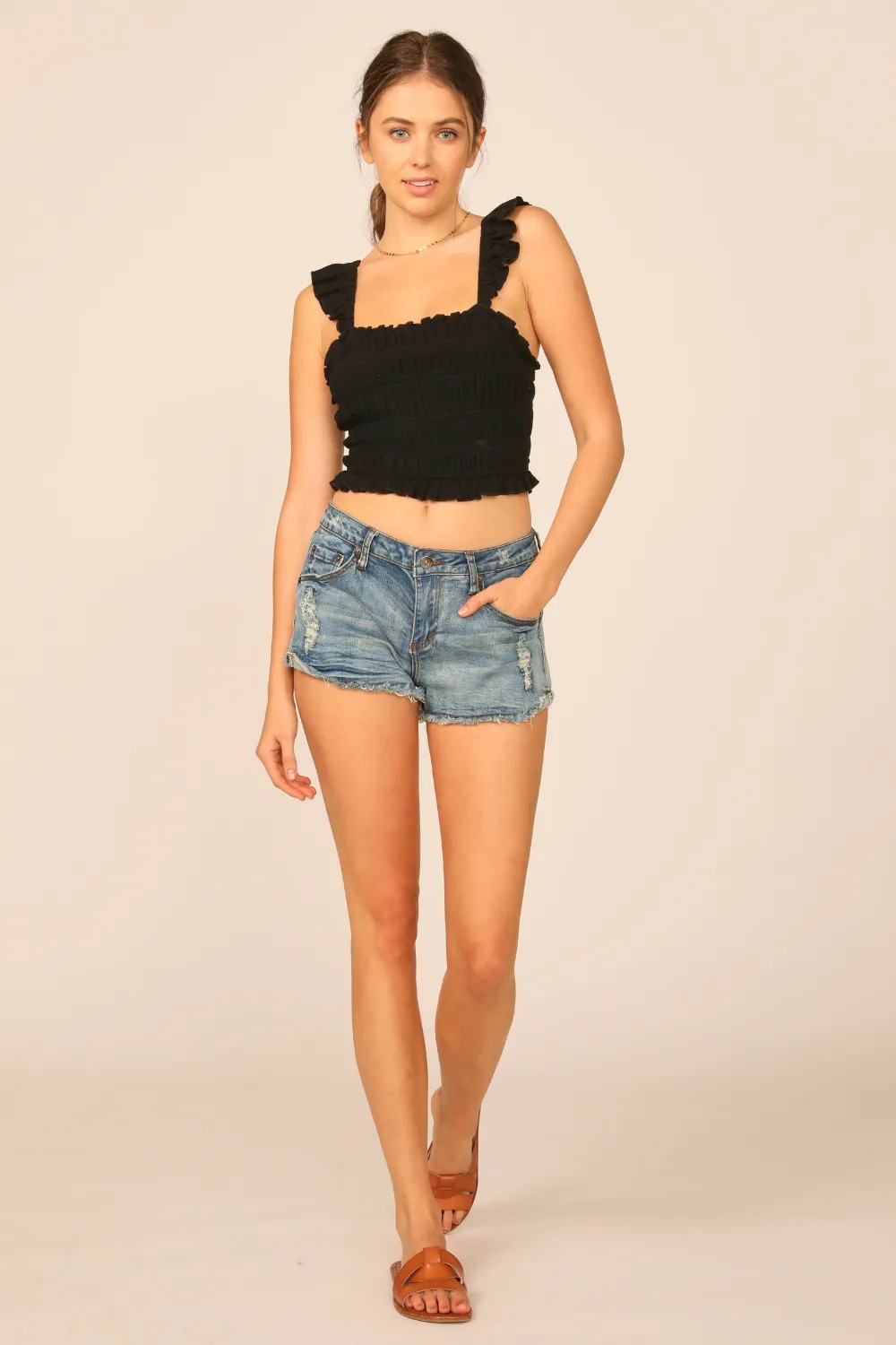Black Washed Crepe Smocked Bodice Tank