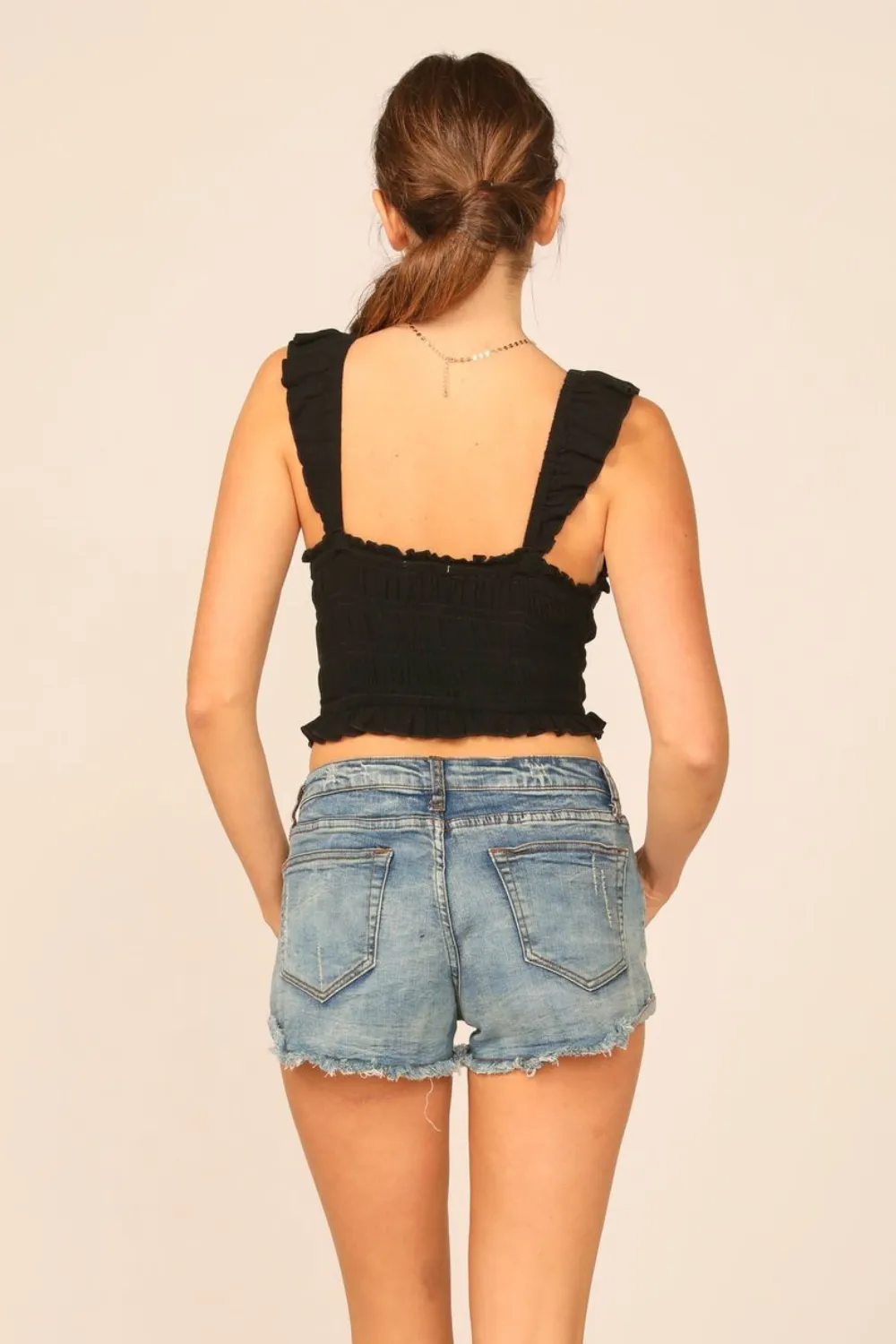 Black Washed Crepe Smocked Bodice Tank