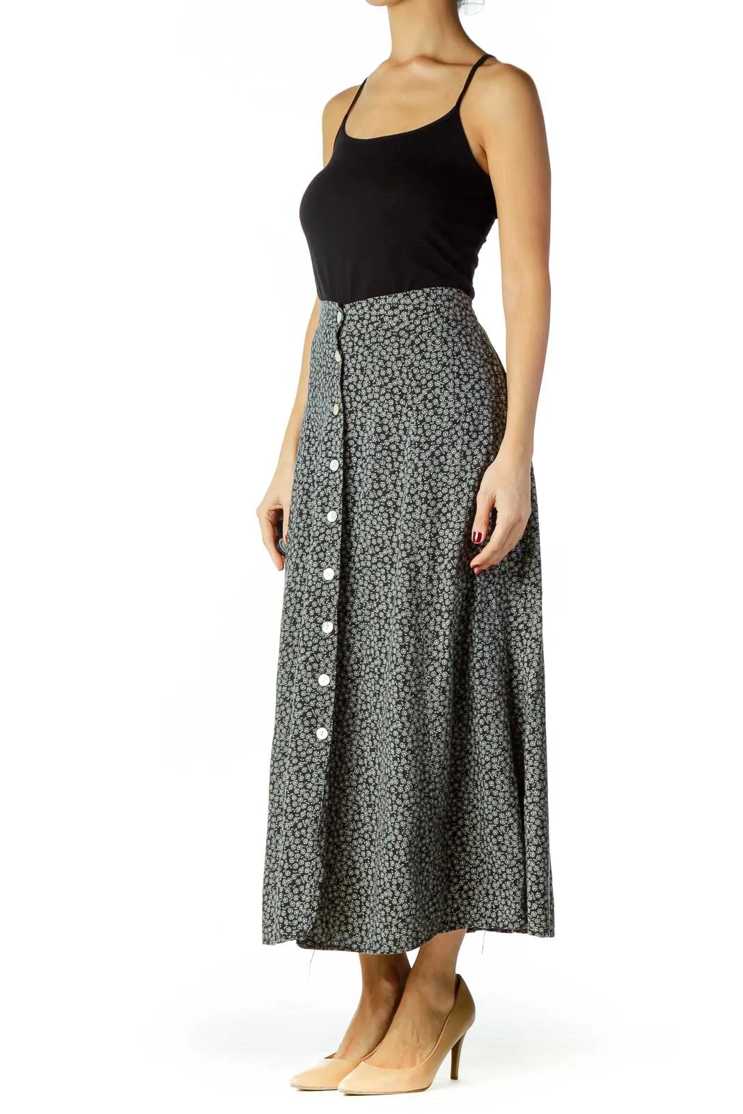 Black White Flower Print Midi Skirt