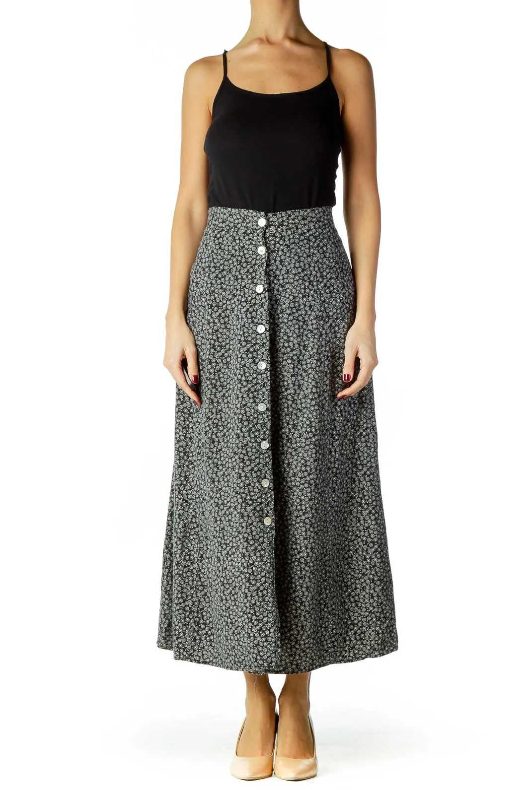 Black White Flower Print Midi Skirt