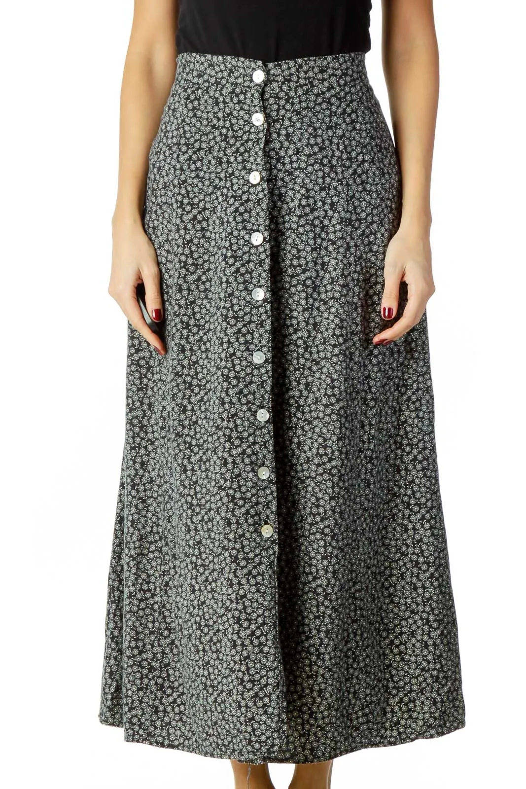 Black White Flower Print Midi Skirt
