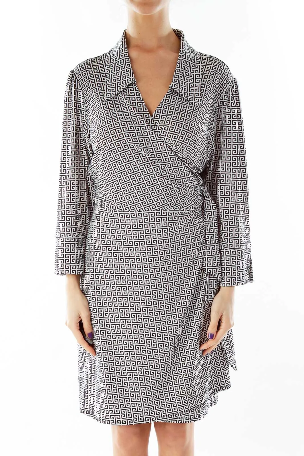 Black White Greek-Key Wrap Dress