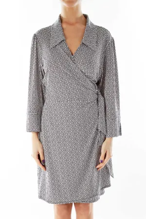 Black White Greek-Key Wrap Dress