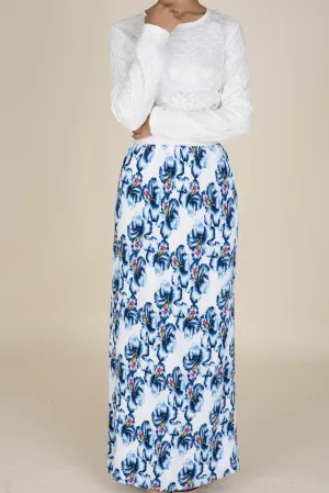 Blue Floral Pencil Pleated Skirt